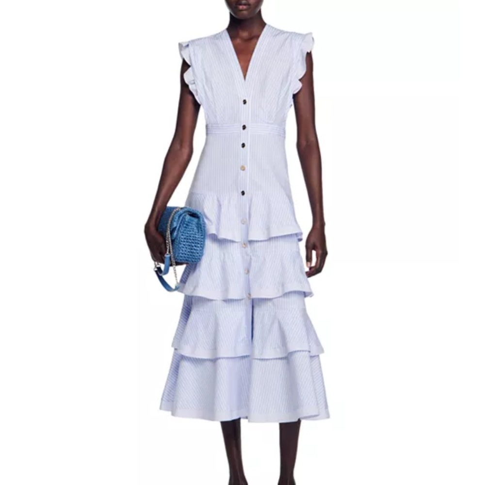 Sandro MAUDE pinstripe cotton ruffle hem button down dress